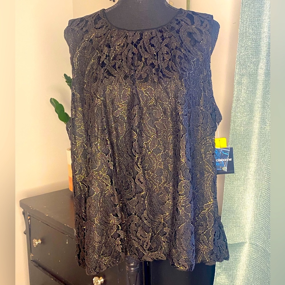 NWT, Liz Claiborne, Career Metallic Lace Sleeveless Blouse w/ elastic waist, XL